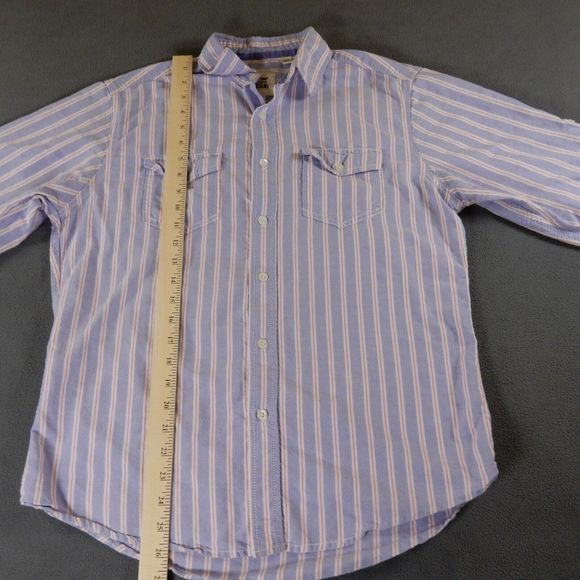 Paper Denim Cloth Womens Shirt Medium Blue Stripe Pockets Cotton Roll Tab Sleeve - Picture 4 of 8